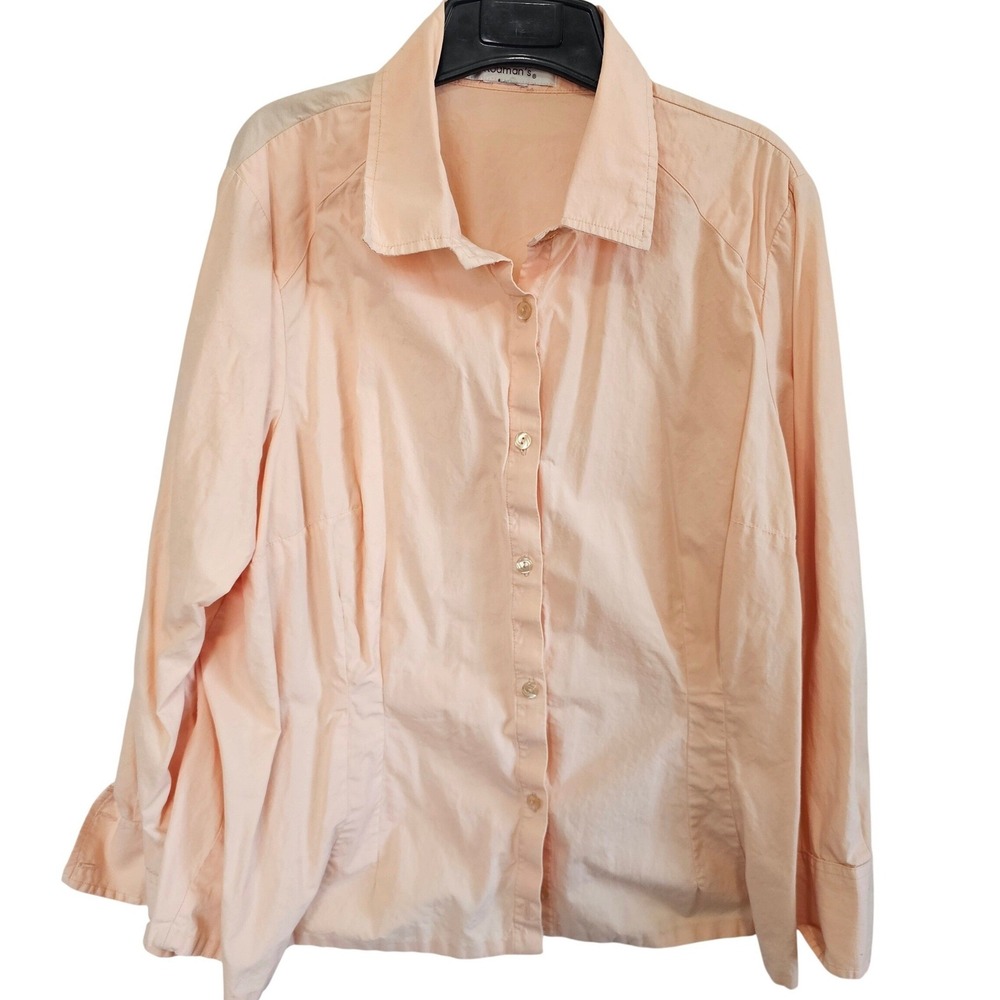 Roamans Peach Button Down Shirt Long Sleeve Cotton Blend Blouse Plus Size